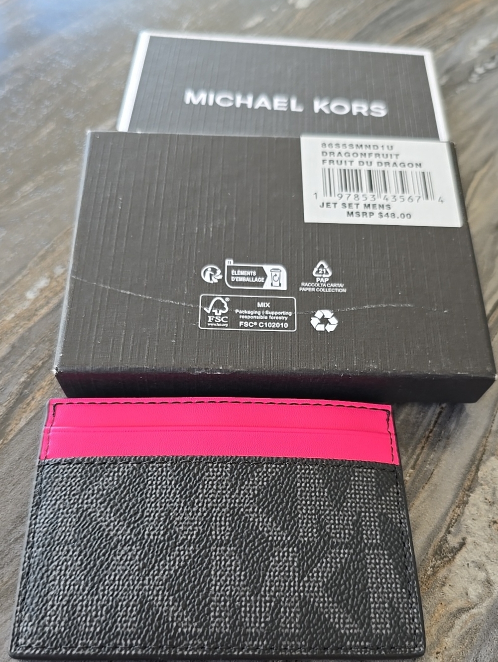 Michael Kors NWT In Box 4"x3Dragon Fruit Card Holder with Hot Pink Black & Gray
